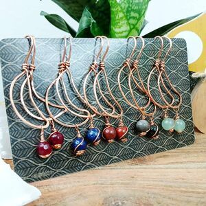 Assorted Copper Crescent Moon Gemstone Dangle Earrings, Artisan Handmade 2"
